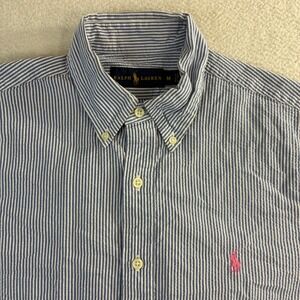 Polo Ralph Lauren Seersucker Button Shirt Men M Blue Pink Striped Embroidered